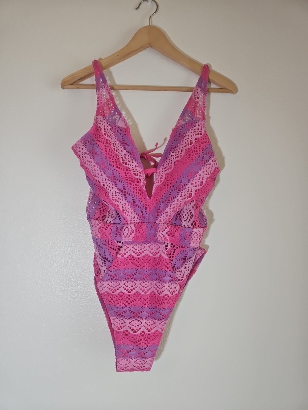 BECCA Pink & Purple Lace V Neck One-Piece Swimsuit